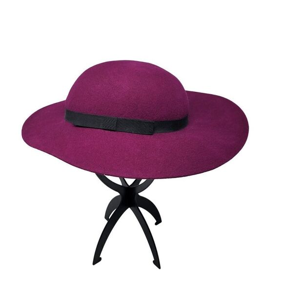 Vintage 60s Wool Felt Fuchsia Pink Wide Brim Derby Hat Black Ribbon Bow USA - Picture 8 of 8